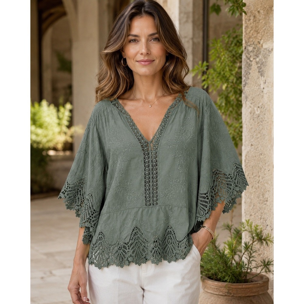 Democracy Blouse L 100% Cotton Green Embroidered Crochet Lace Flutter Sleeve